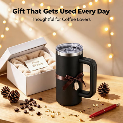 20oz Insulated Coffee Mug With Handle For Desk,Navy Blue | 18/8 Stainless Steel Thermal Tumbler Cup With Sliding Lid, Straw, Brush & Silicone Coaster. Ideal For Adult Desk Use.