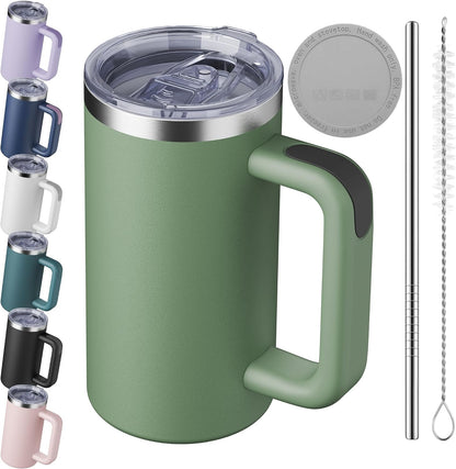 20oz Insulated Coffee Mug With Handle For Desk,Navy Blue | 18/8 Stainless Steel Thermal Tumbler Cup With Sliding Lid, Straw, Brush & Silicone Coaster. Ideal For Adult Desk Use.
