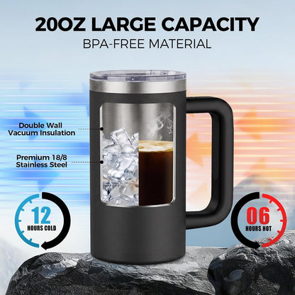 20oz Insulated Coffee Mug With Handle For Desk,Navy Blue | 18/8 Stainless Steel Thermal Tumbler Cup With Sliding Lid, Straw, Brush & Silicone Coaster. Ideal For Adult Desk Use.
