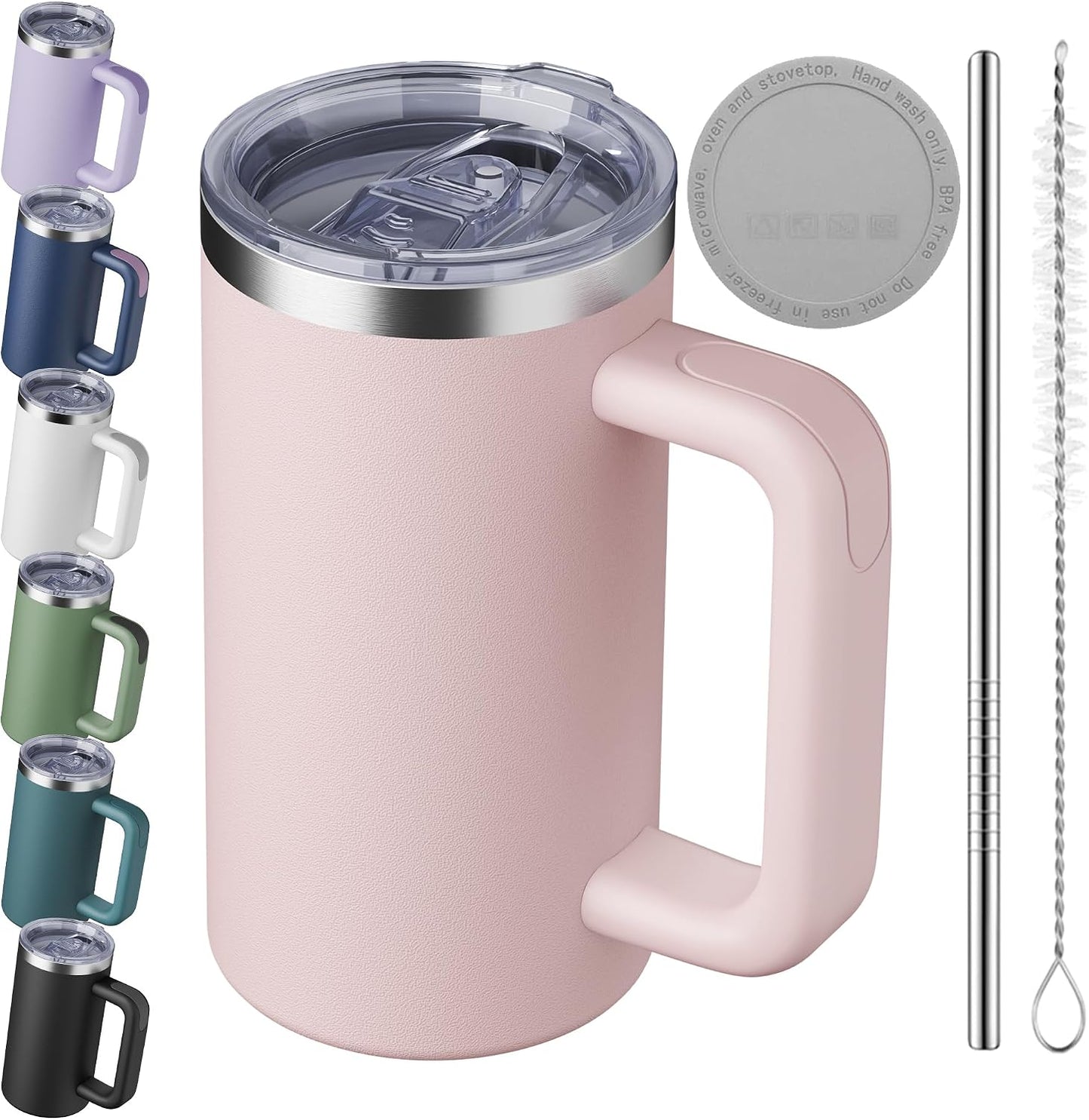 20oz Insulated Coffee Mug With Handle For Desk,Navy Blue | 18/8 Stainless Steel Thermal Tumbler Cup With Sliding Lid, Straw, Brush & Silicone Coaster. Ideal For Adult Desk Use.