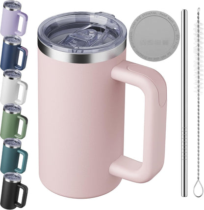 20oz Insulated Coffee Mug With Handle For Desk,Navy Blue | 18/8 Stainless Steel Thermal Tumbler Cup With Sliding Lid, Straw, Brush & Silicone Coaster. Ideal For Adult Desk Use.