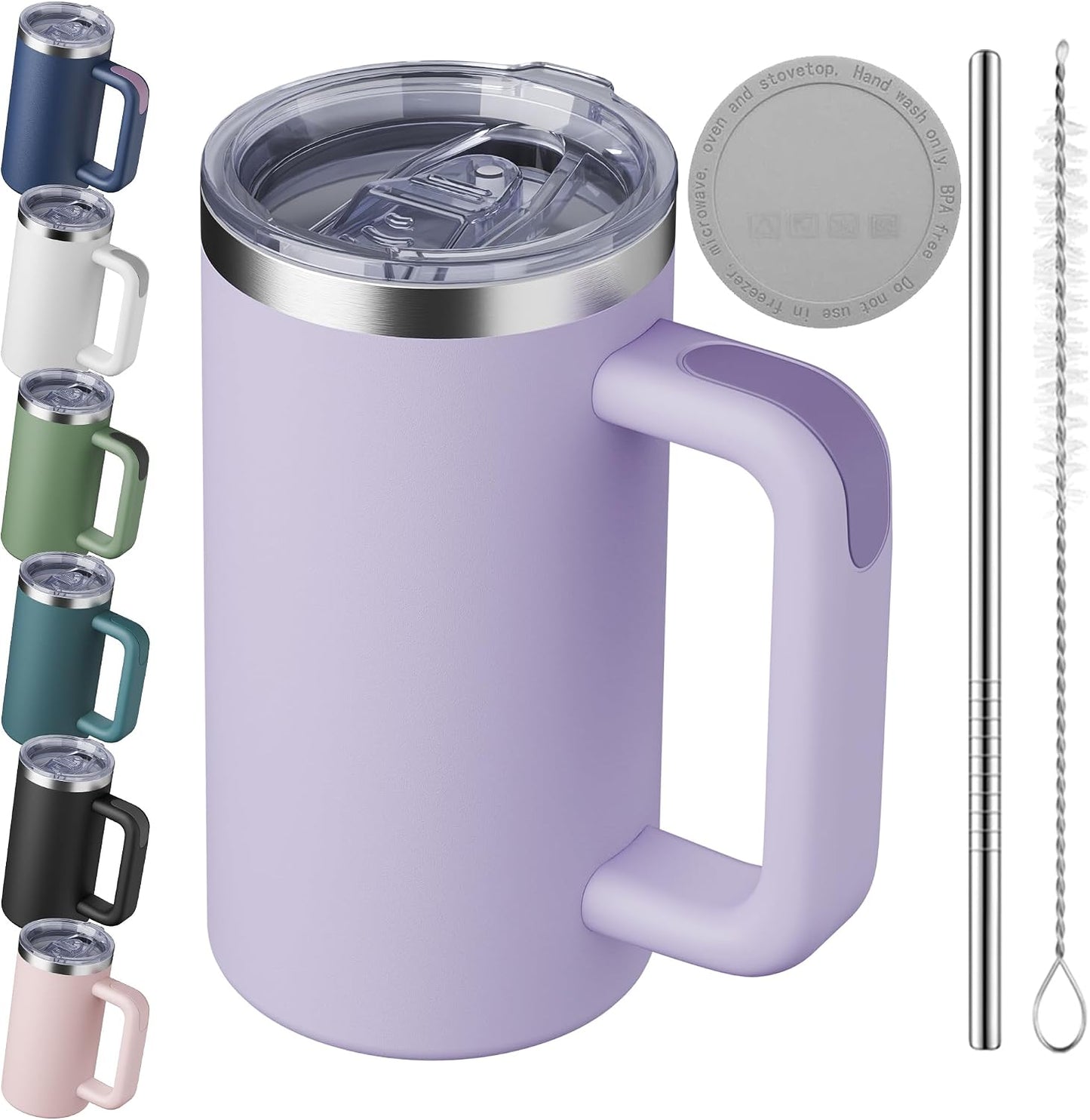 20oz Insulated Coffee Mug With Handle For Desk,Navy Blue | 18/8 Stainless Steel Thermal Tumbler Cup With Sliding Lid, Straw, Brush & Silicone Coaster. Ideal For Adult Desk Use.