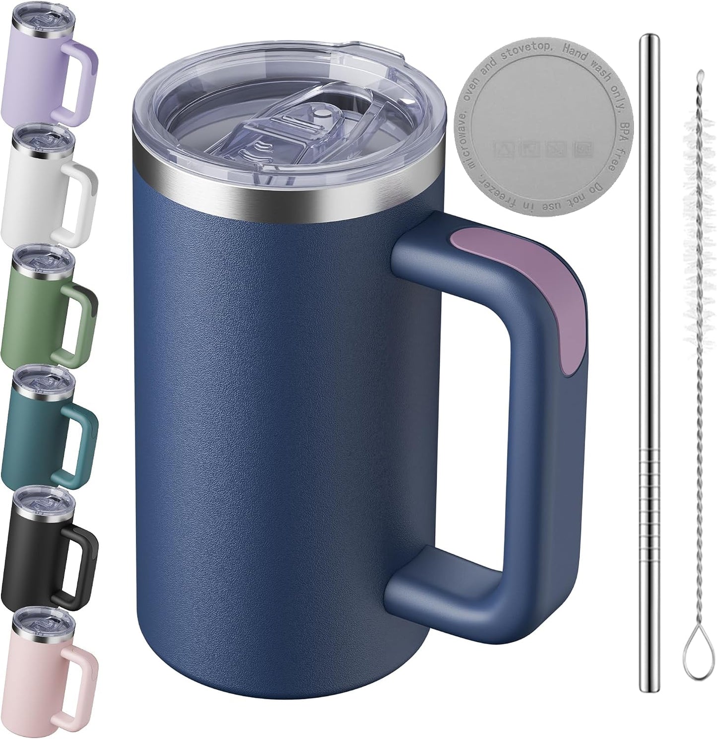20oz Insulated Coffee Mug With Handle For Desk,Navy Blue | 18/8 Stainless Steel Thermal Tumbler Cup With Sliding Lid, Straw, Brush & Silicone Coaster. Ideal For Adult Desk Use.