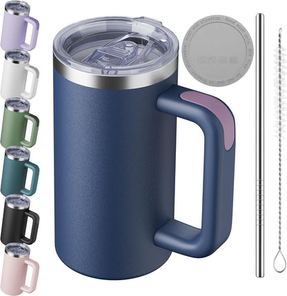 20oz Insulated Coffee Mug With Handle For Desk,Navy Blue | 18/8 Stainless Steel Thermal Tumbler Cup With Sliding Lid, Straw, Brush & Silicone Coaster. Ideal For Adult Desk Use.