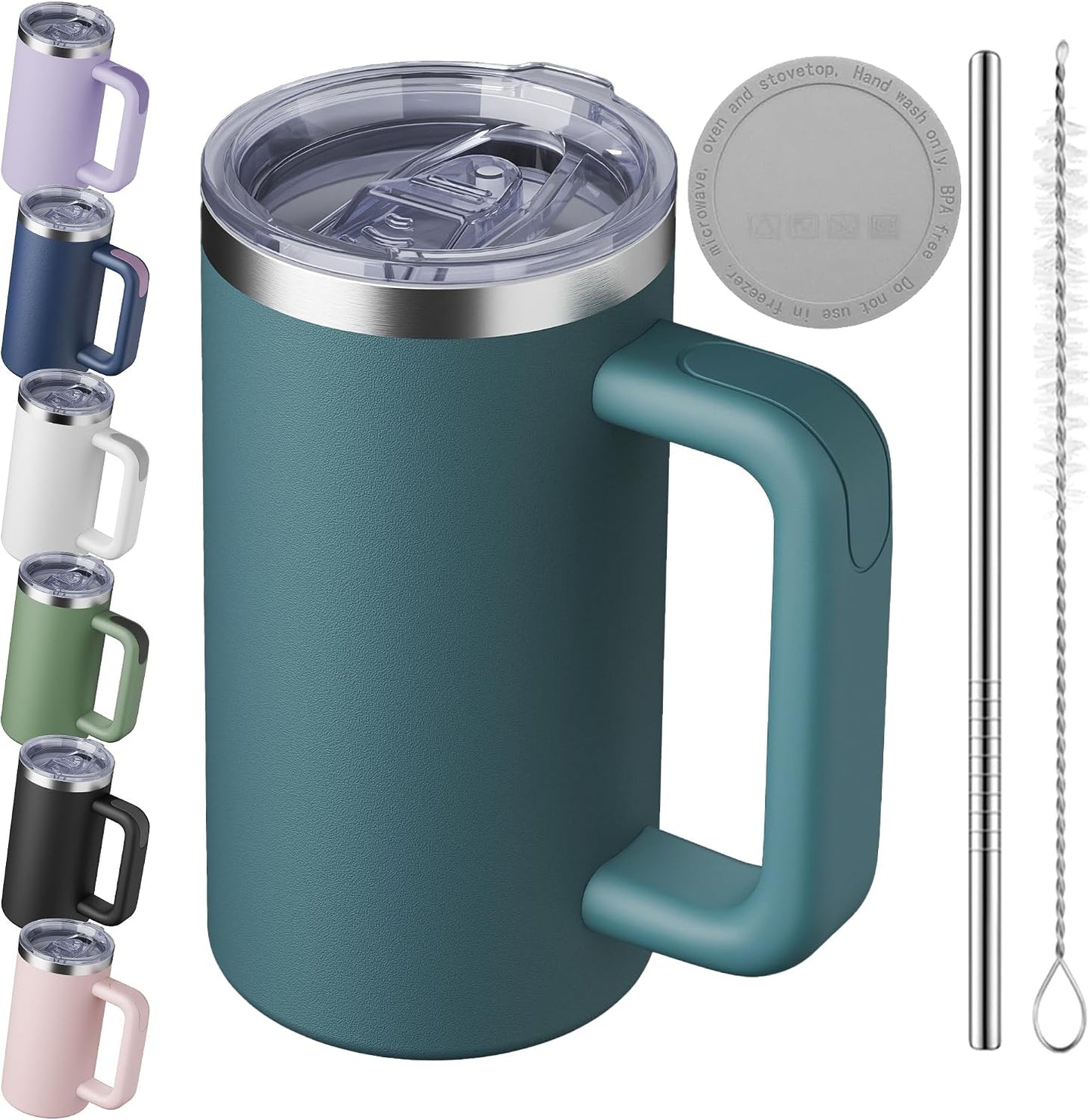 20oz Insulated Coffee Mug With Handle For Desk,Navy Blue | 18/8 Stainless Steel Thermal Tumbler Cup With Sliding Lid, Straw, Brush & Silicone Coaster. Ideal For Adult Desk Use.