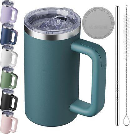 20oz Insulated Coffee Mug With Handle For Desk,Navy Blue | 18/8 Stainless Steel Thermal Tumbler Cup With Sliding Lid, Straw, Brush & Silicone Coaster. Ideal For Adult Desk Use.