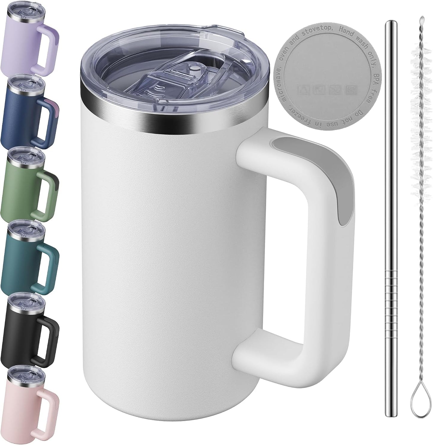 20oz Insulated Coffee Mug With Handle For Desk,Navy Blue | 18/8 Stainless Steel Thermal Tumbler Cup With Sliding Lid, Straw, Brush & Silicone Coaster. Ideal For Adult Desk Use.