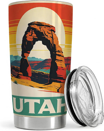 Utah Desert Arch 20oz Tumbler, Southwest Red Rock Tumbler, Daily Coffee and Road Trip Drinkware, Canyon Sunset Scene, Retro Travel Poster Art, Outdoor Hikers and Nature Enthusiasts