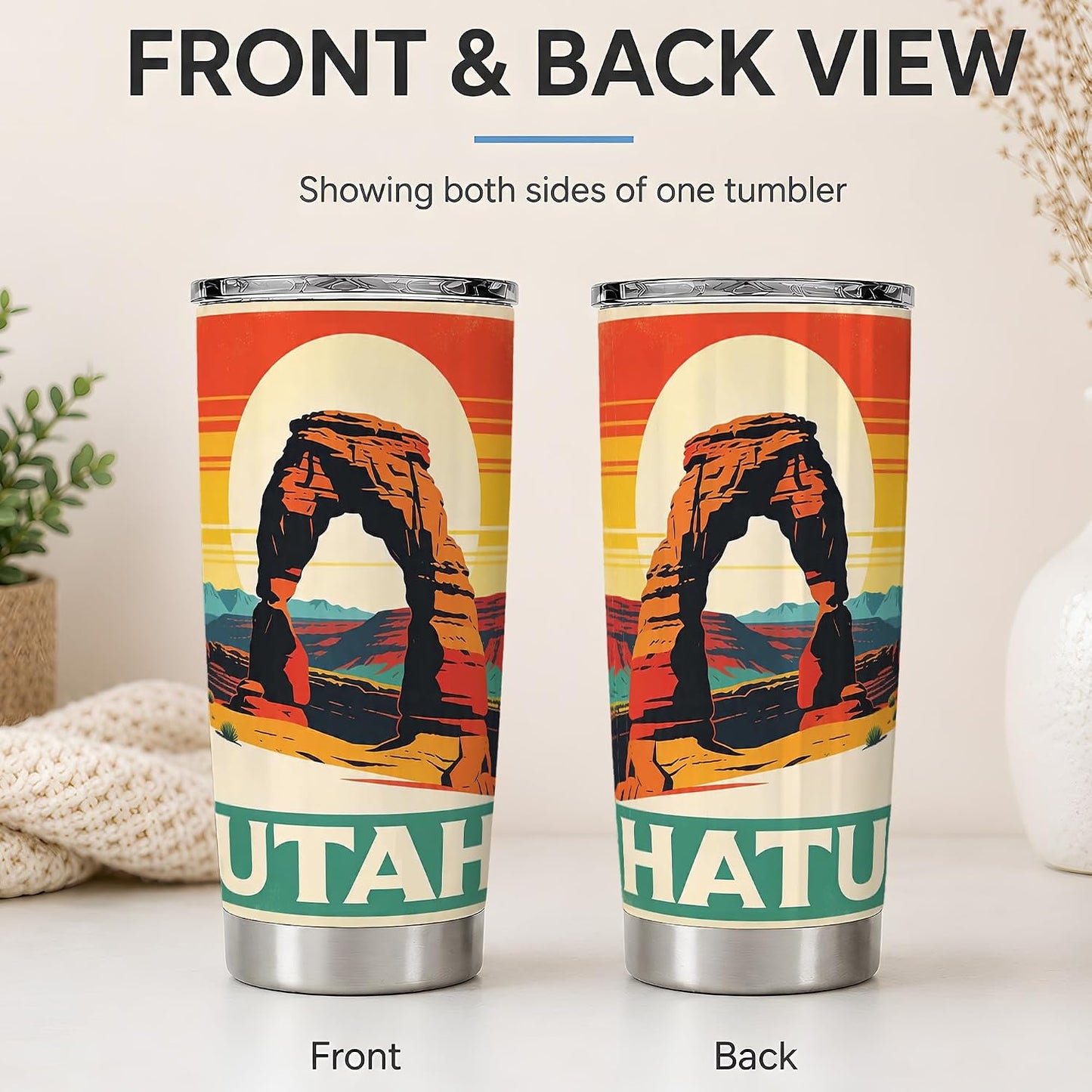 Utah Desert Arch 20oz Tumbler, Southwest Red Rock Tumbler, Daily Coffee and Road Trip Drinkware, Canyon Sunset Scene, Retro Travel Poster Art, Outdoor Hikers and Nature Enthusiasts