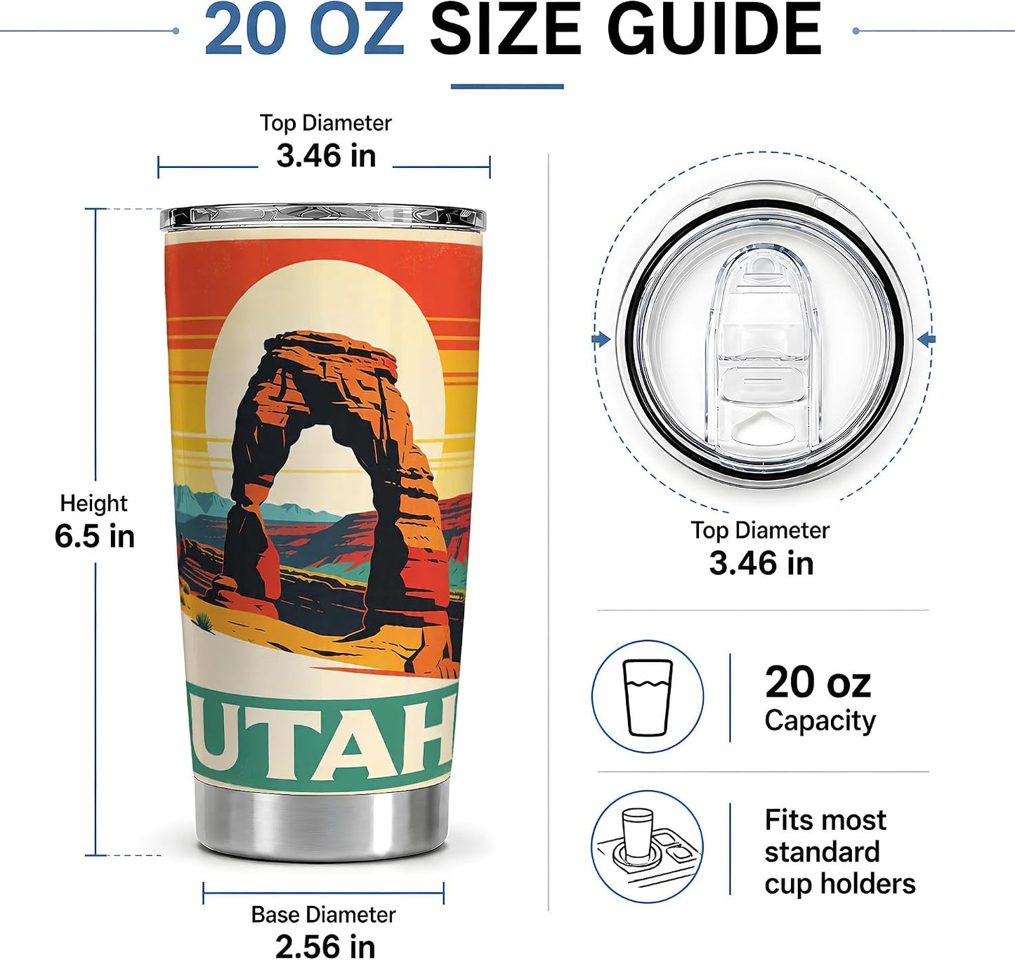 Utah Desert Arch 20oz Tumbler, Southwest Red Rock Tumbler, Daily Coffee and Road Trip Drinkware, Canyon Sunset Scene, Retro Travel Poster Art, Outdoor Hikers and Nature Enthusiasts
