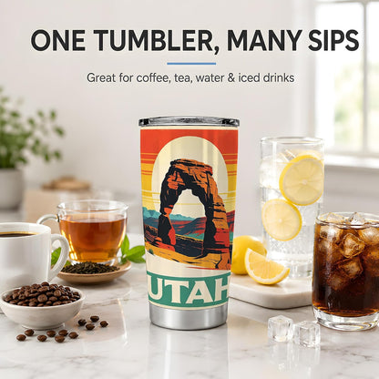 Utah Desert Arch 20oz Tumbler, Southwest Red Rock Tumbler, Daily Coffee and Road Trip Drinkware, Canyon Sunset Scene, Retro Travel Poster Art, Outdoor Hikers and Nature Enthusiasts