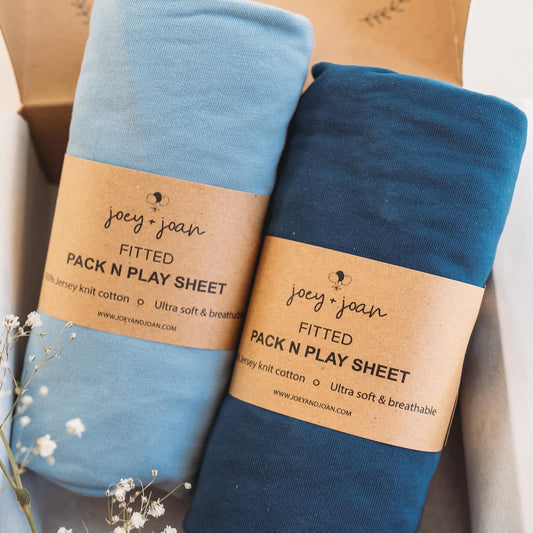 Pack and Play Sheets Fitted – Compatible with Graco Pack n Play Playard Crib and Other 27 x 39 Inch Playpen Mattress – Buttery Soft 100% Cotton – Dusty Blue + Navy – 2 Pack