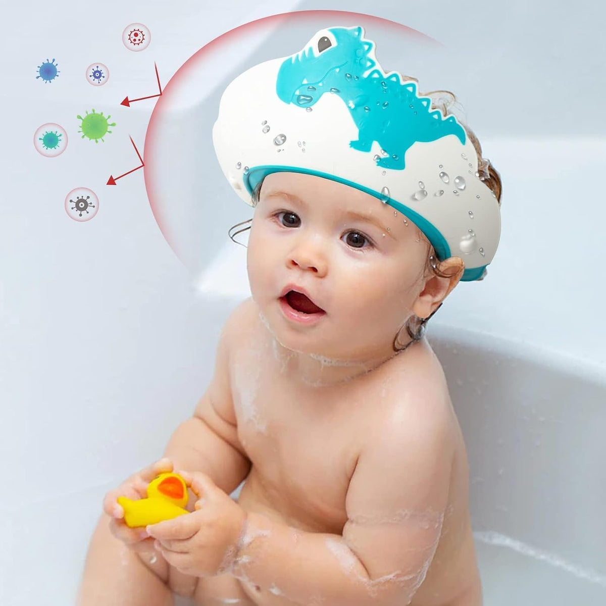 Baby Shower Cap with Bath Rinse Cup for Toddler Kids, Dinosaur Blue