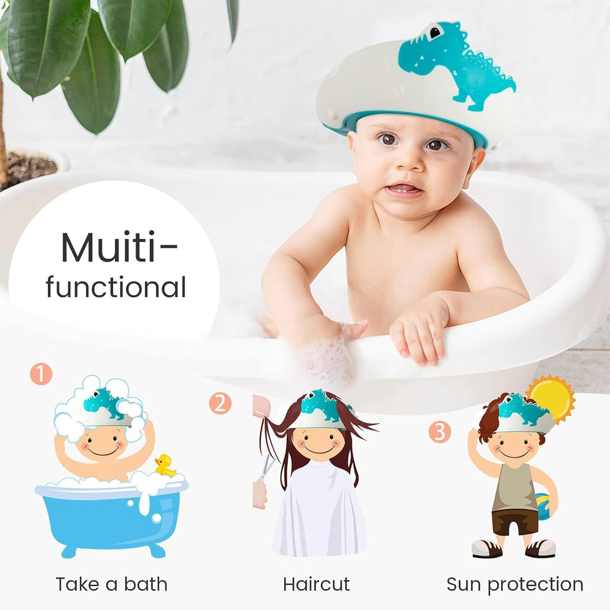 Baby Shower Cap with Bath Rinse Cup for Toddler Kids, Dinosaur Blue