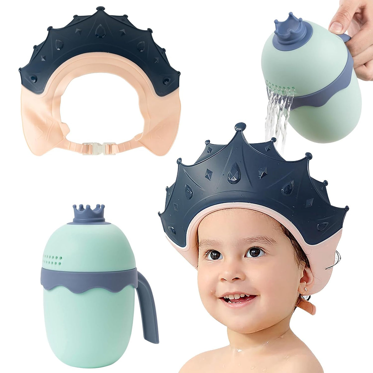 Baby Shower Cap with Bath Rinse Cup for Toddler Kids, Dinosaur Blue