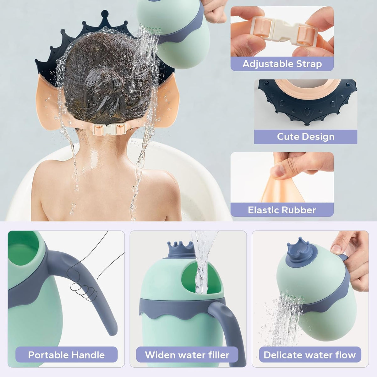 Baby Shower Cap with Bath Rinse Cup for Toddler Kids, Dinosaur Blue