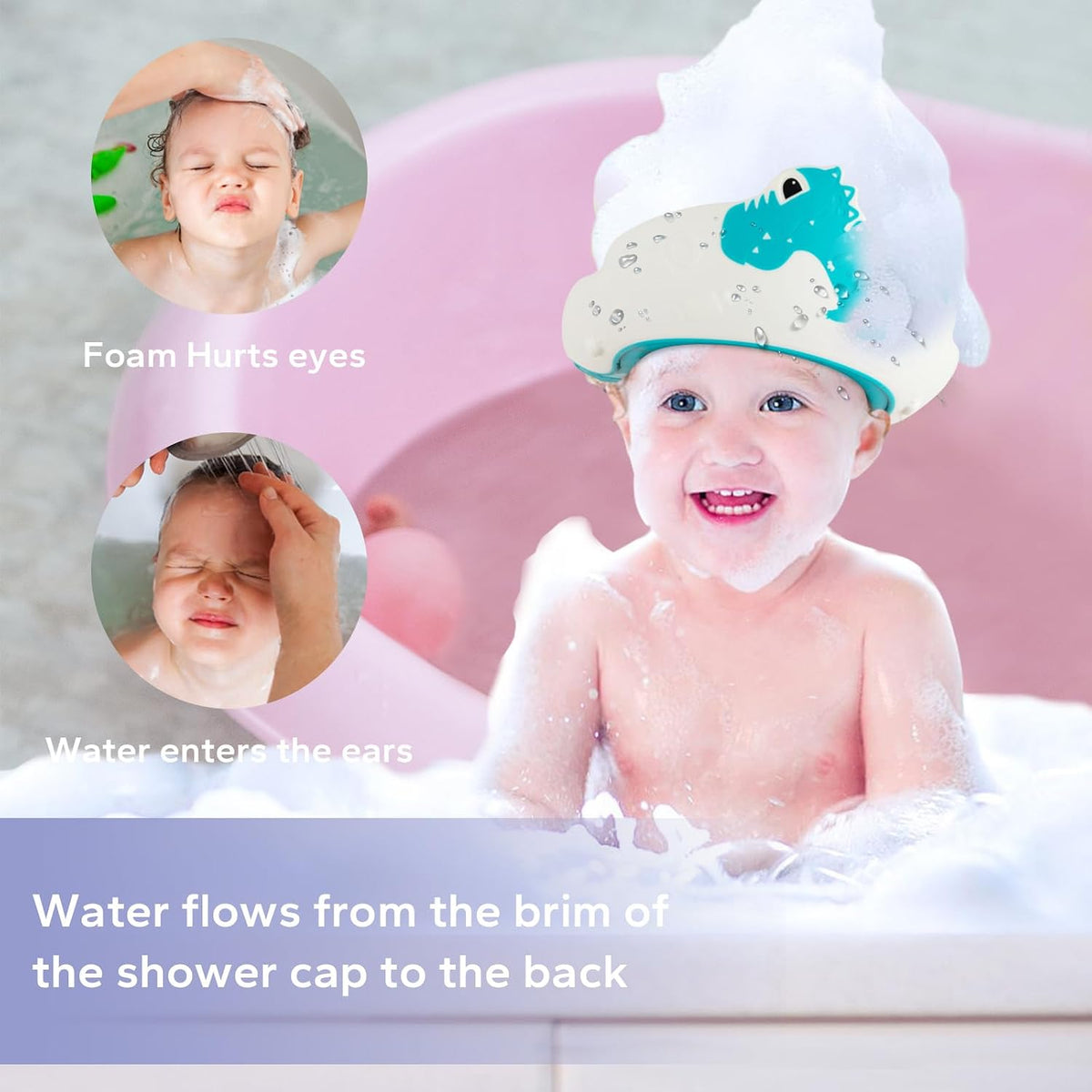 Baby Shower Cap with Bath Rinse Cup for Toddler Kids, Dinosaur Blue