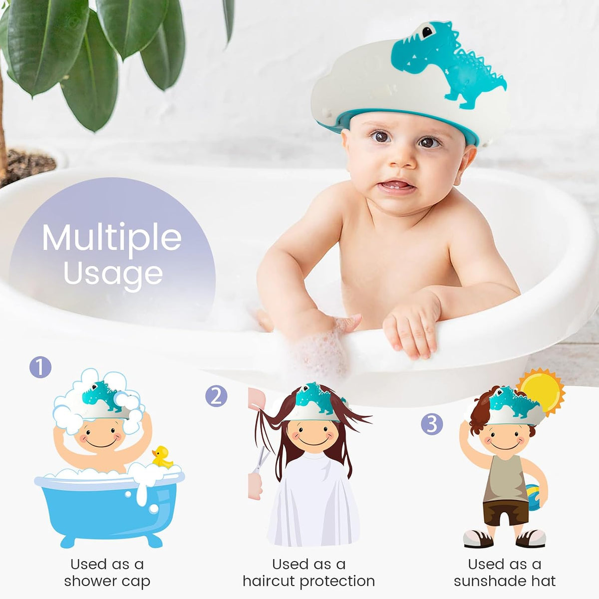 Baby Shower Cap with Bath Rinse Cup for Toddler Kids, Dinosaur Blue