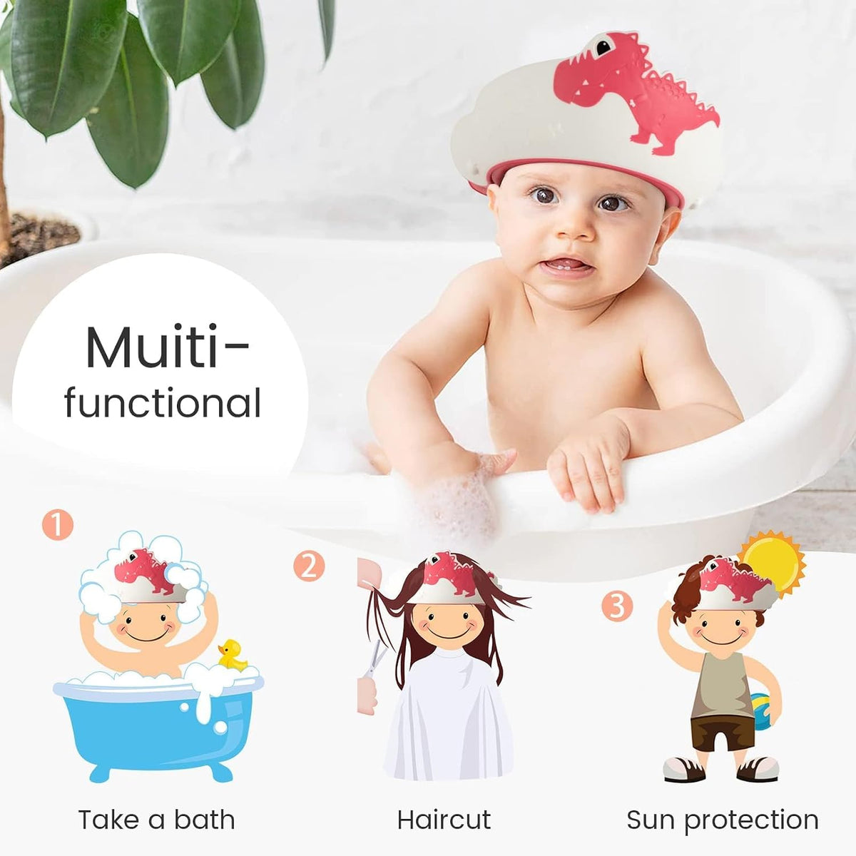 Baby Shower Cap with Bath Rinse Cup for Toddler Kids, Dinosaur Blue