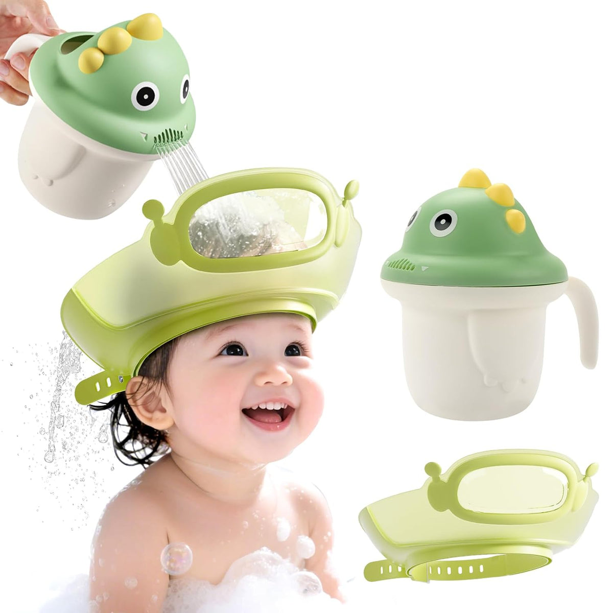 Baby Shower Cap with Bath Rinse Cup for Toddler Kids, Dinosaur Blue