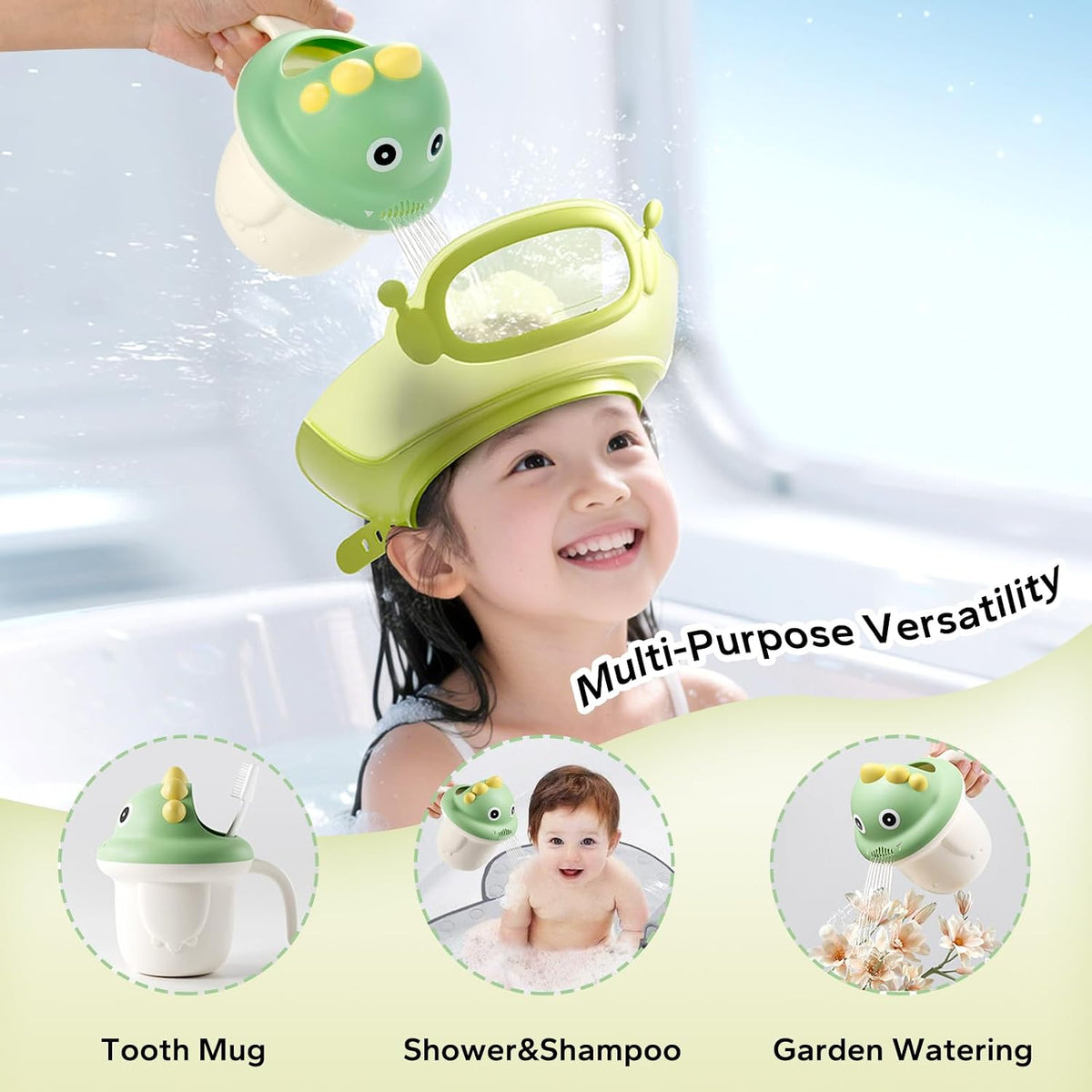 Baby Shower Cap with Bath Rinse Cup for Toddler Kids, Dinosaur Blue