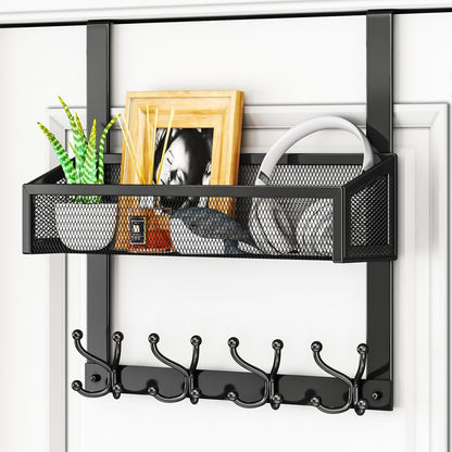 Over The Door Organizer with Coat Hooks and 2 Baskets, Stainless Steel Rustproof Over The Door Hanger Hooks for Bathroom, Kitchen, Bedroom-White (for 1.76in Doors)