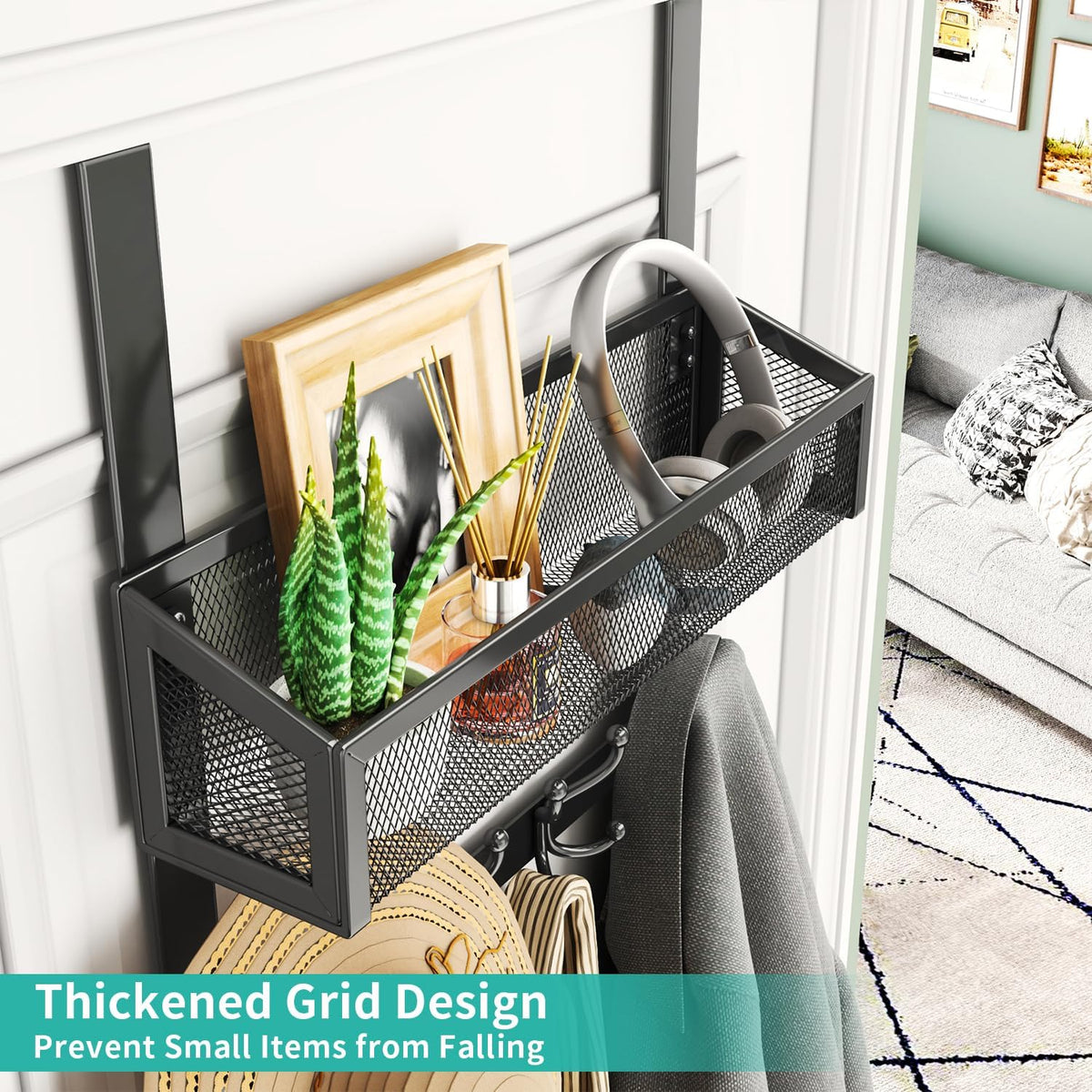 Over The Door Organizer with Coat Hooks and 2 Baskets, Stainless Steel Rustproof Over The Door Hanger Hooks for Bathroom, Kitchen, Bedroom-White (for 1.76in Doors)