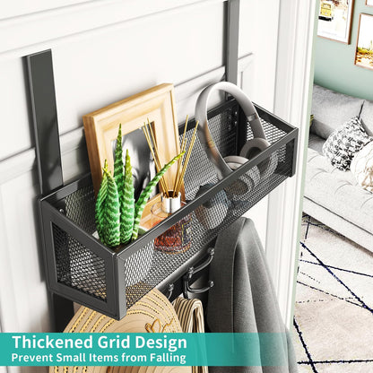 Over The Door Organizer with Coat Hooks and 2 Baskets, Stainless Steel Rustproof Over The Door Hanger Hooks for Bathroom, Kitchen, Bedroom-White (for 1.76in Doors)