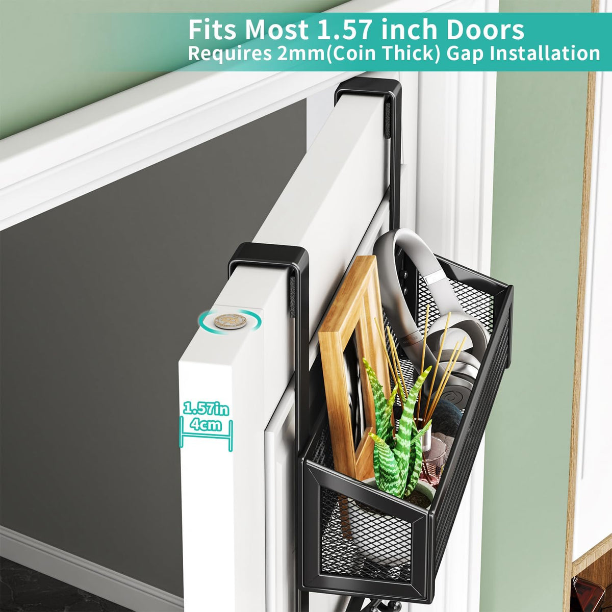Over The Door Organizer with Coat Hooks and 2 Baskets, Stainless Steel Rustproof Over The Door Hanger Hooks for Bathroom, Kitchen, Bedroom-White (for 1.76in Doors)