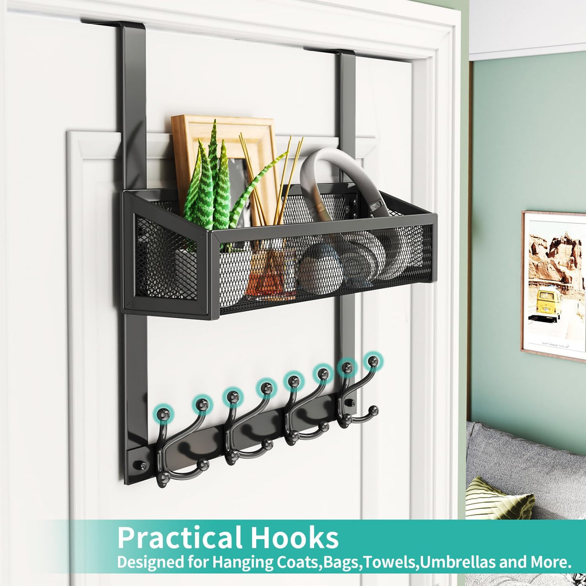 Over The Door Organizer with Coat Hooks and 2 Baskets, Stainless Steel Rustproof Over The Door Hanger Hooks for Bathroom, Kitchen, Bedroom-White (for 1.76in Doors)