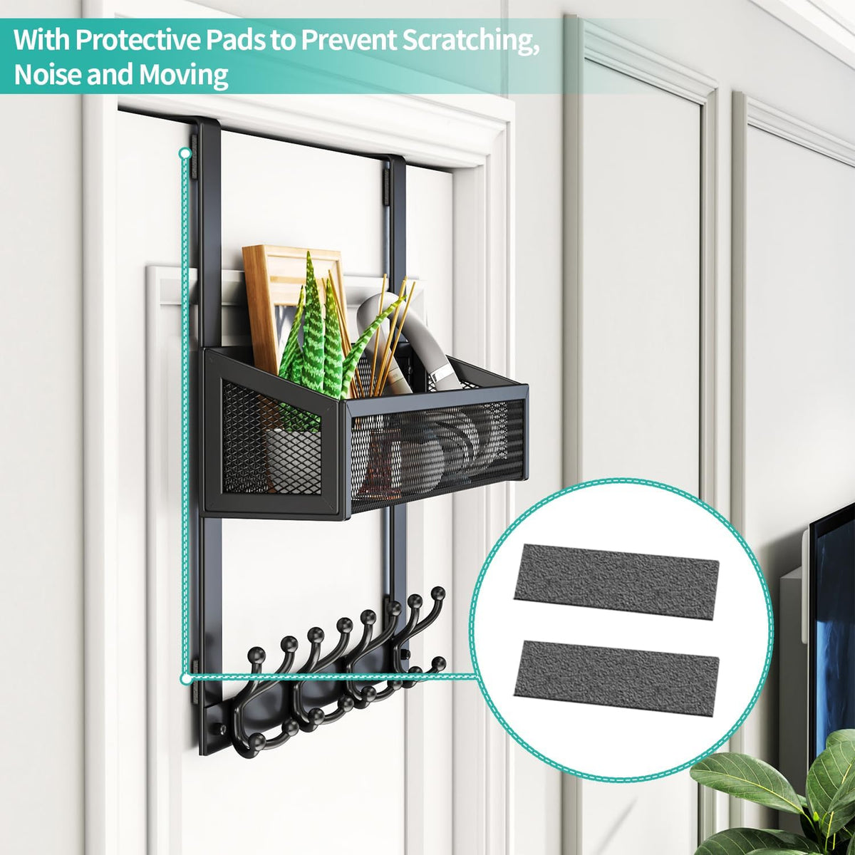 Over The Door Organizer with Coat Hooks and 2 Baskets, Stainless Steel Rustproof Over The Door Hanger Hooks for Bathroom, Kitchen, Bedroom-White (for 1.76in Doors)