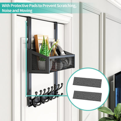Over The Door Organizer with Coat Hooks and 2 Baskets, Stainless Steel Rustproof Over The Door Hanger Hooks for Bathroom, Kitchen, Bedroom-White (for 1.76in Doors)