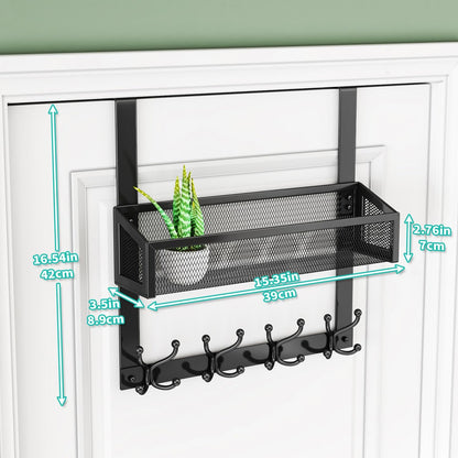 Over The Door Organizer with Coat Hooks and 2 Baskets, Stainless Steel Rustproof Over The Door Hanger Hooks for Bathroom, Kitchen, Bedroom-White (for 1.76in Doors)