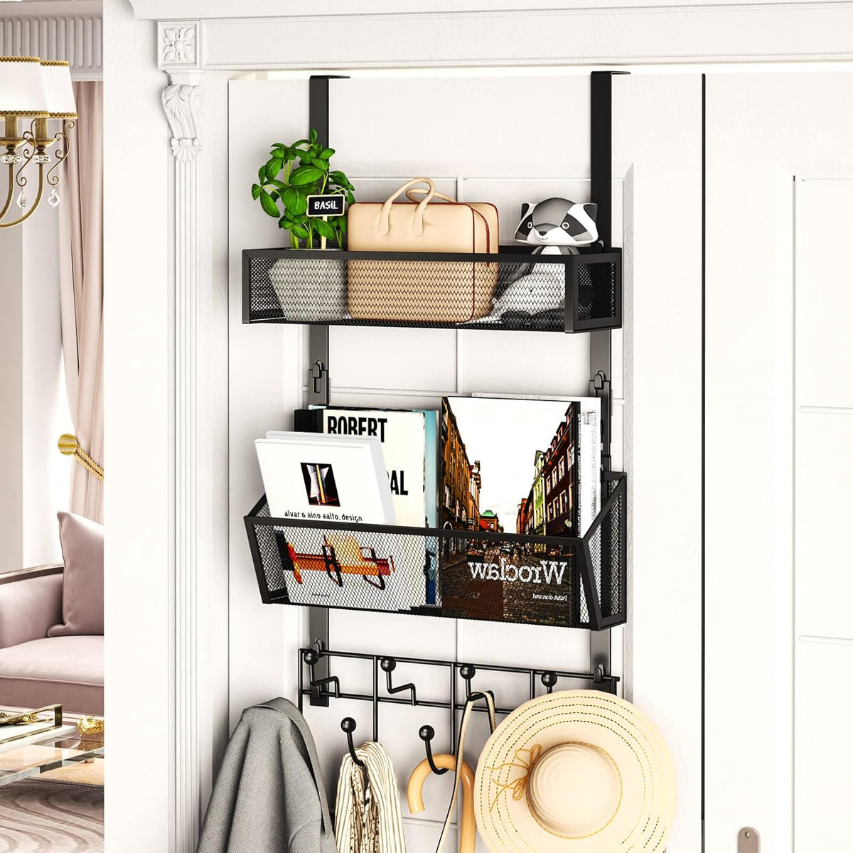 Over The Door Organizer with Coat Hooks and 2 Baskets, Stainless Steel Rustproof Over The Door Hanger Hooks for Bathroom, Kitchen, Bedroom-White (for 1.76in Doors)