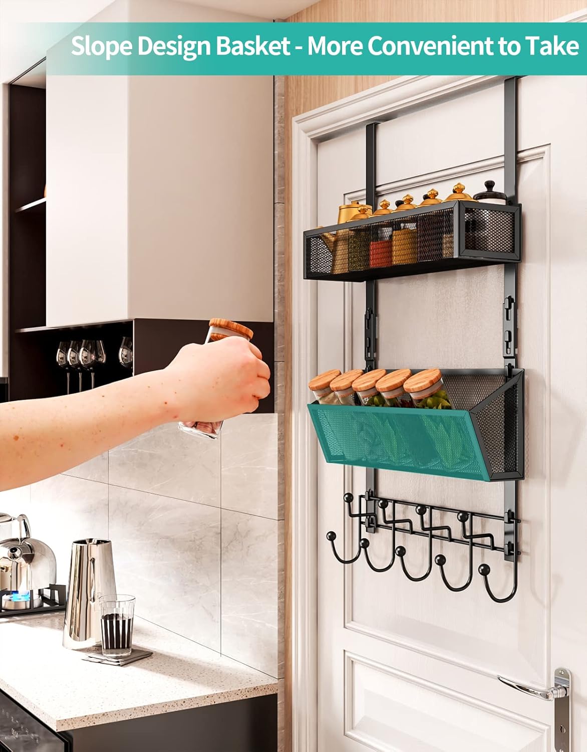Over The Door Organizer with Coat Hooks and 2 Baskets, Stainless Steel Rustproof Over The Door Hanger Hooks for Bathroom, Kitchen, Bedroom-White (for 1.76in Doors)
