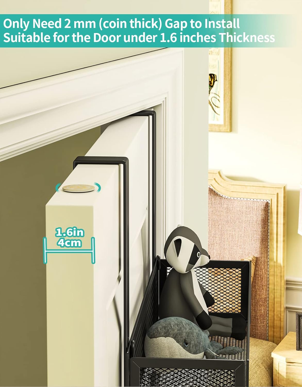 Over The Door Organizer with Coat Hooks and 2 Baskets, Stainless Steel Rustproof Over The Door Hanger Hooks for Bathroom, Kitchen, Bedroom-White (for 1.76in Doors)