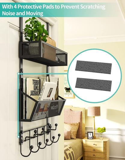 Over The Door Organizer with Coat Hooks and 2 Baskets, Stainless Steel Rustproof Over The Door Hanger Hooks for Bathroom, Kitchen, Bedroom-White (for 1.76in Doors)
