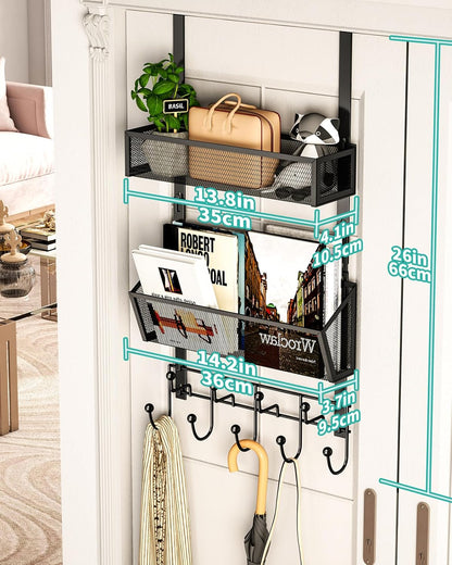 Over The Door Organizer with Coat Hooks and 2 Baskets, Stainless Steel Rustproof Over The Door Hanger Hooks for Bathroom, Kitchen, Bedroom-White (for 1.76in Doors)