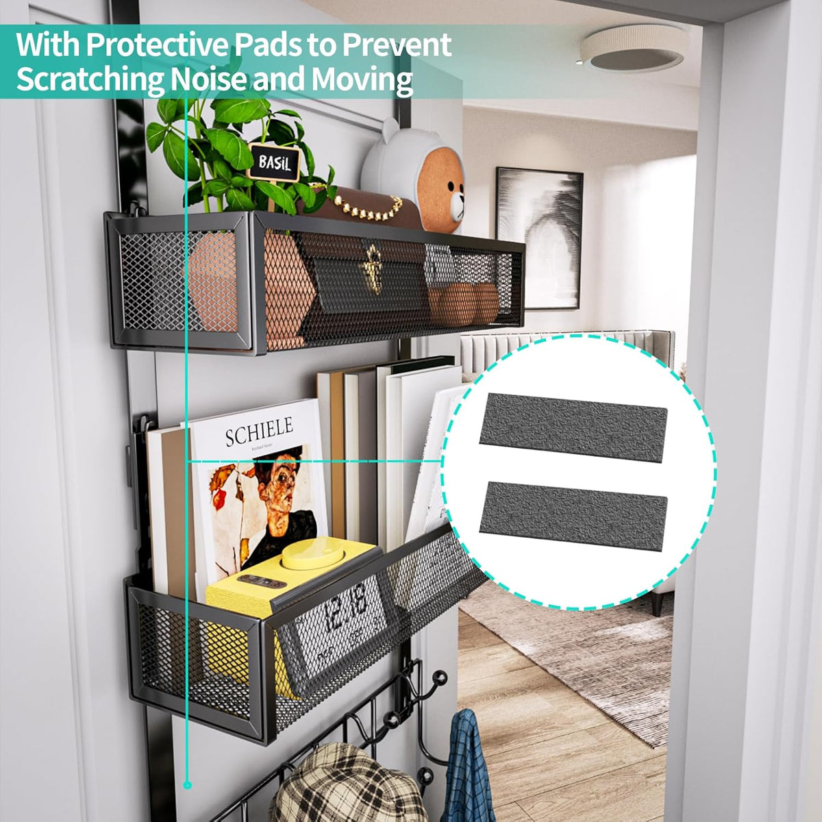 Over The Door Organizer with Coat Hooks and 2 Baskets, Stainless Steel Rustproof Over The Door Hanger Hooks for Bathroom, Kitchen, Bedroom-White (for 1.76in Doors)