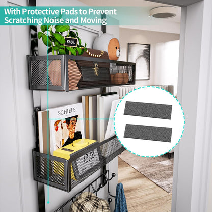 Over The Door Organizer with Coat Hooks and 2 Baskets, Stainless Steel Rustproof Over The Door Hanger Hooks for Bathroom, Kitchen, Bedroom-White (for 1.76in Doors)