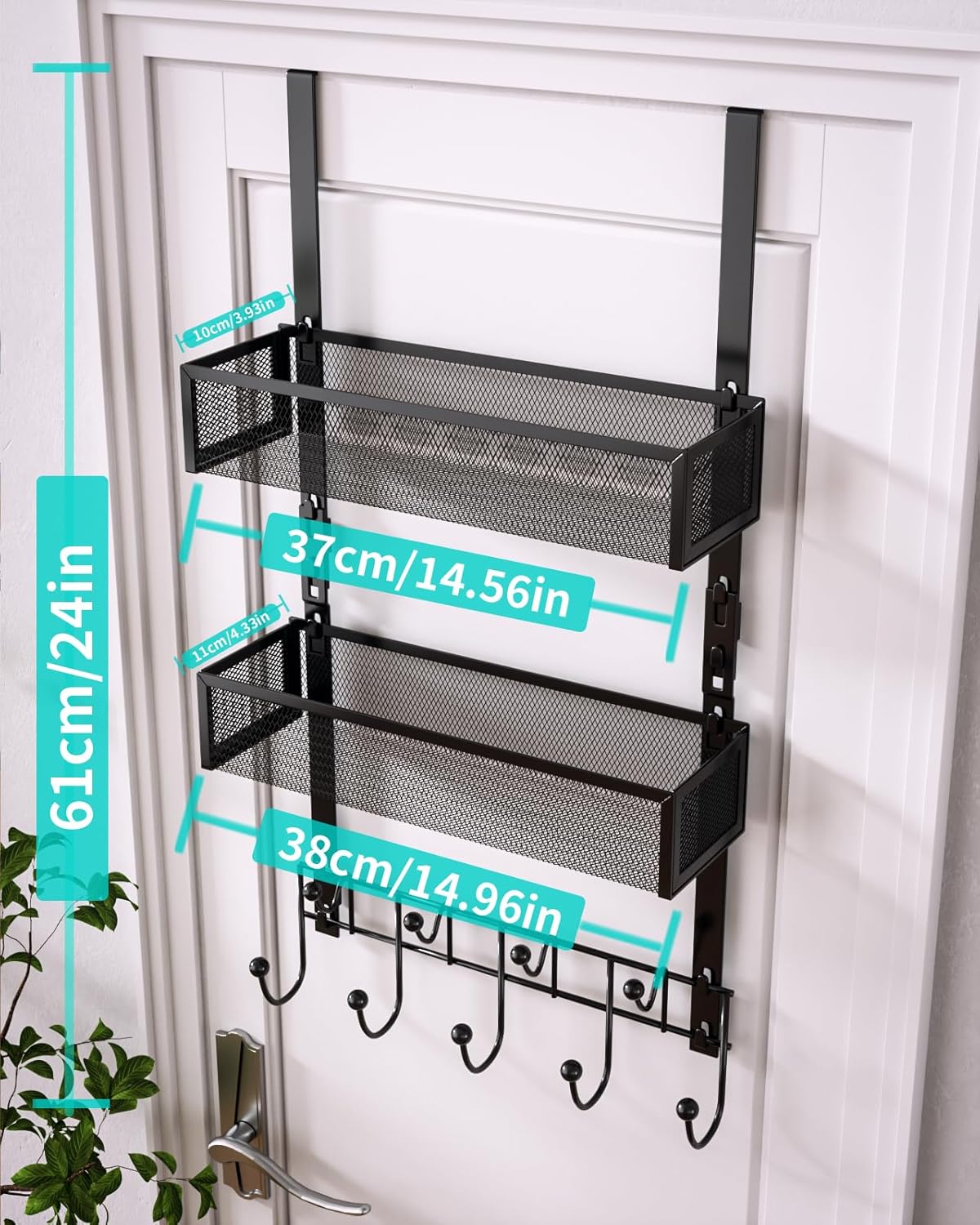 Over The Door Organizer with Coat Hooks and 2 Baskets, Stainless Steel Rustproof Over The Door Hanger Hooks for Bathroom, Kitchen, Bedroom-White (for 1.76in Doors)