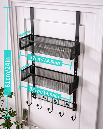 Over The Door Organizer with Coat Hooks and 2 Baskets, Stainless Steel Rustproof Over The Door Hanger Hooks for Bathroom, Kitchen, Bedroom-White (for 1.76in Doors)