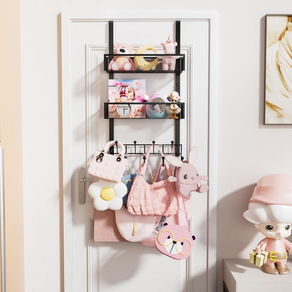 Over The Door Organizer with Coat Hooks and 2 Baskets, Stainless Steel Rustproof Over The Door Hanger Hooks for Bathroom, Kitchen, Bedroom-White (for 1.76in Doors)