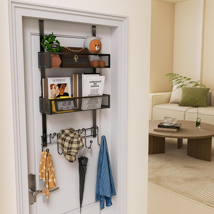 Over The Door Organizer with Coat Hooks and 2 Baskets, Stainless Steel Rustproof Over The Door Hanger Hooks for Bathroom, Kitchen, Bedroom-White (for 1.76in Doors)