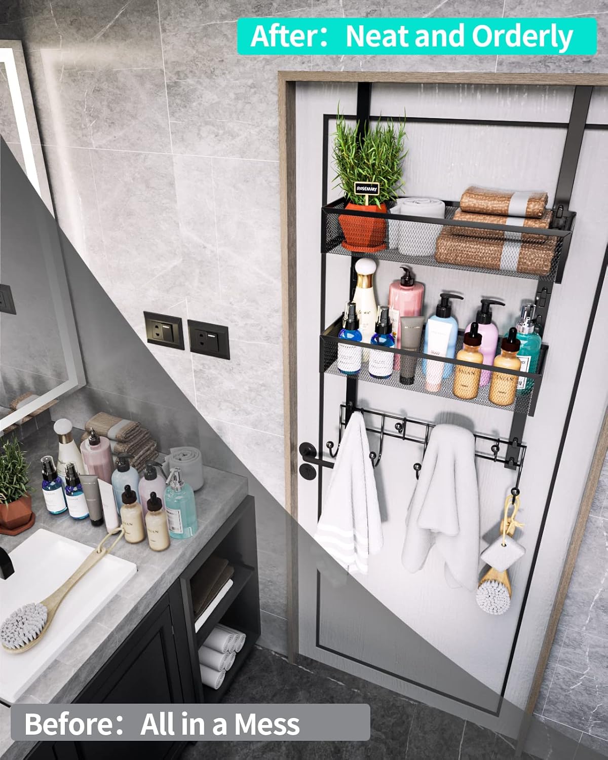 Over The Door Organizer with Coat Hooks and 2 Baskets, Stainless Steel Rustproof Over The Door Hanger Hooks for Bathroom, Kitchen, Bedroom-White (for 1.76in Doors)