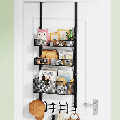Over The Door Organizer with Coat Hooks and 2 Baskets, Stainless Steel Rustproof Over The Door Hanger Hooks for Bathroom, Kitchen, Bedroom-White (for 1.76in Doors)
