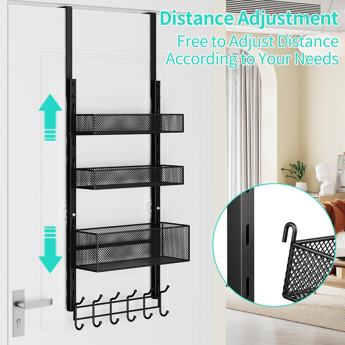 Over The Door Organizer with Coat Hooks and 2 Baskets, Stainless Steel Rustproof Over The Door Hanger Hooks for Bathroom, Kitchen, Bedroom-White (for 1.76in Doors)