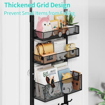 Over The Door Organizer with Coat Hooks and 2 Baskets, Stainless Steel Rustproof Over The Door Hanger Hooks for Bathroom, Kitchen, Bedroom-White (for 1.76in Doors)