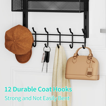 Over The Door Organizer with Coat Hooks and 2 Baskets, Stainless Steel Rustproof Over The Door Hanger Hooks for Bathroom, Kitchen, Bedroom-White (for 1.76in Doors)