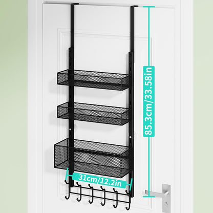 Over The Door Organizer with Coat Hooks and 2 Baskets, Stainless Steel Rustproof Over The Door Hanger Hooks for Bathroom, Kitchen, Bedroom-White (for 1.76in Doors)